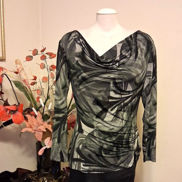 NWT Robert Kitchen Women's Gray Black Printed Blouse Long Sleeve Top Size 10 M - Picture 3 of 8